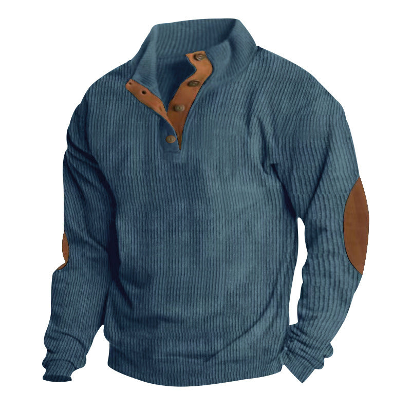 Men's Ribbed Henley Sweater with Stand Collar, Button Placket & Leather Elbow Patches