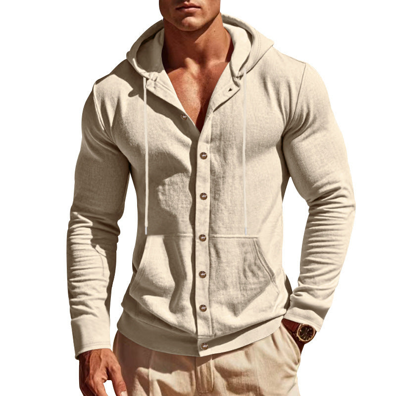 Men's Slim-fit Hoodie Cardigan with Full Button Placket, Mounted Kangaroo Pocket, and Lightweight Structured Knit
