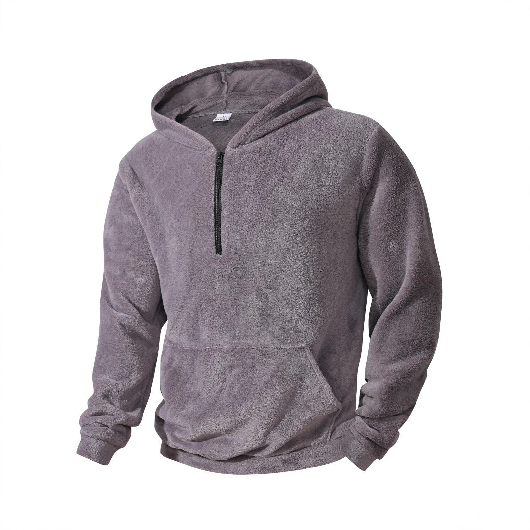 Men's Cuddly Microfleece Hoodie with Half Zip, Hood and Kangaroo Pocket