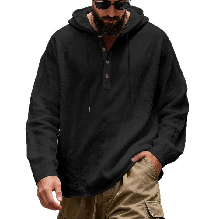 Men's Lightweight Hooded Shirt with Button Placket made of Linen Blend and Relaxed Fit