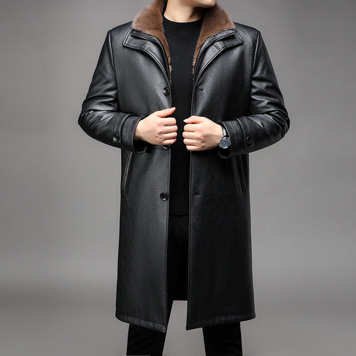 Men's Long Leather Coat with Removable Fur Collar and Thermal Lining