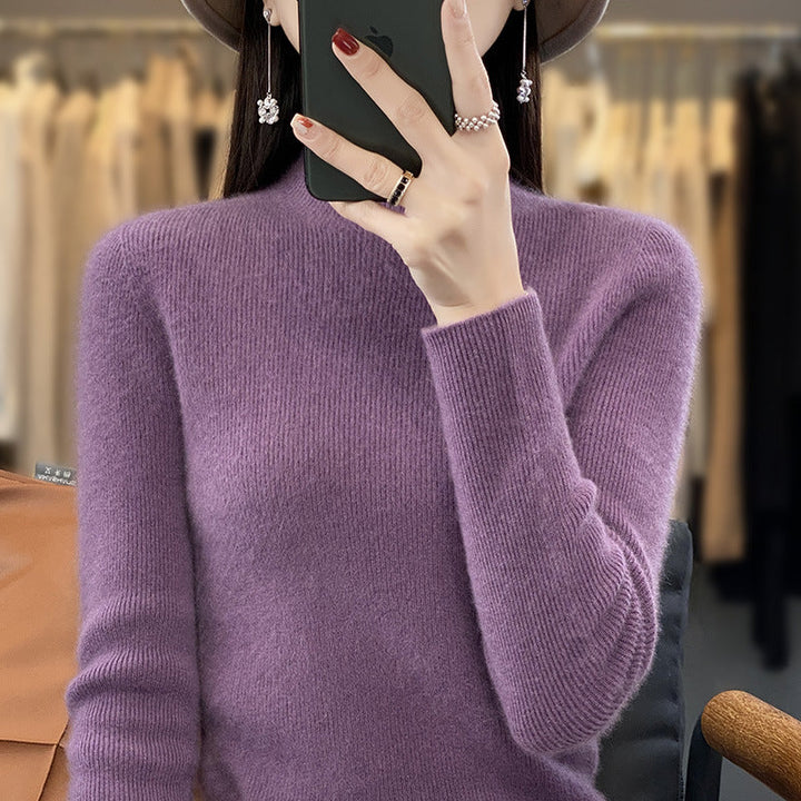 Women's Slim Fine Knit Mock Neck Sweater made of Fine Angora Blend