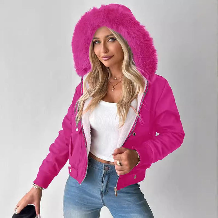 Women's Short Blouson Winter Jacket with Teddy Lining and Removable Faux Fur Hood