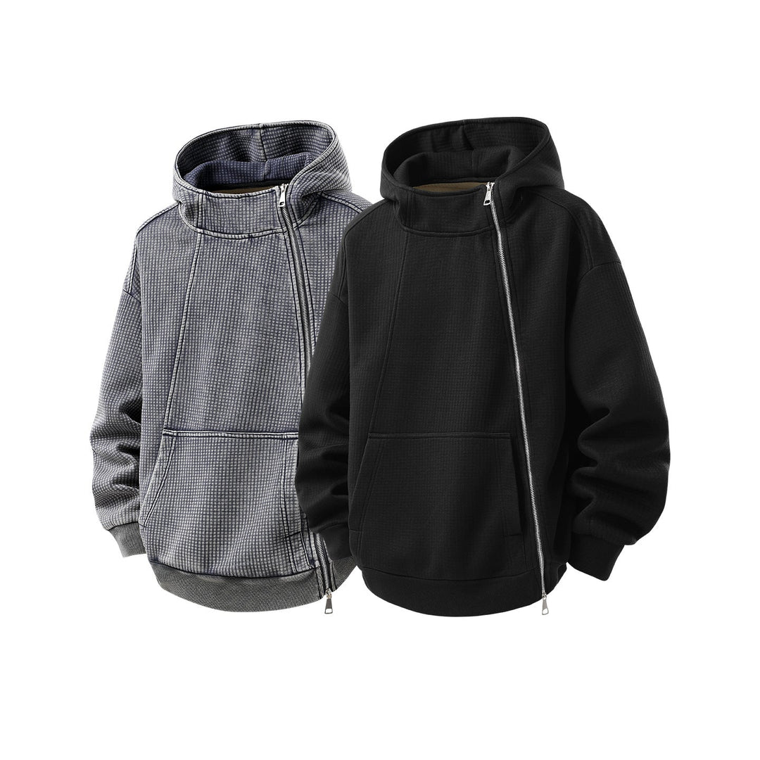 Unisex Asymmetric Hoodie with High Collar, Diagonal Zipper and Kangaroo Pocket