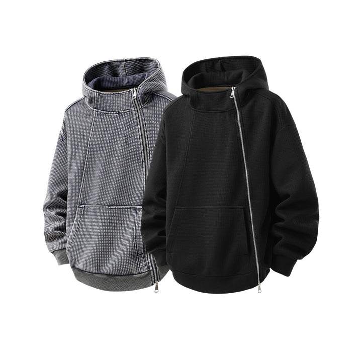 Unisex Asymmetric Hoodie with High Collar, Diagonal Zipper and Kangaroo Pocket
