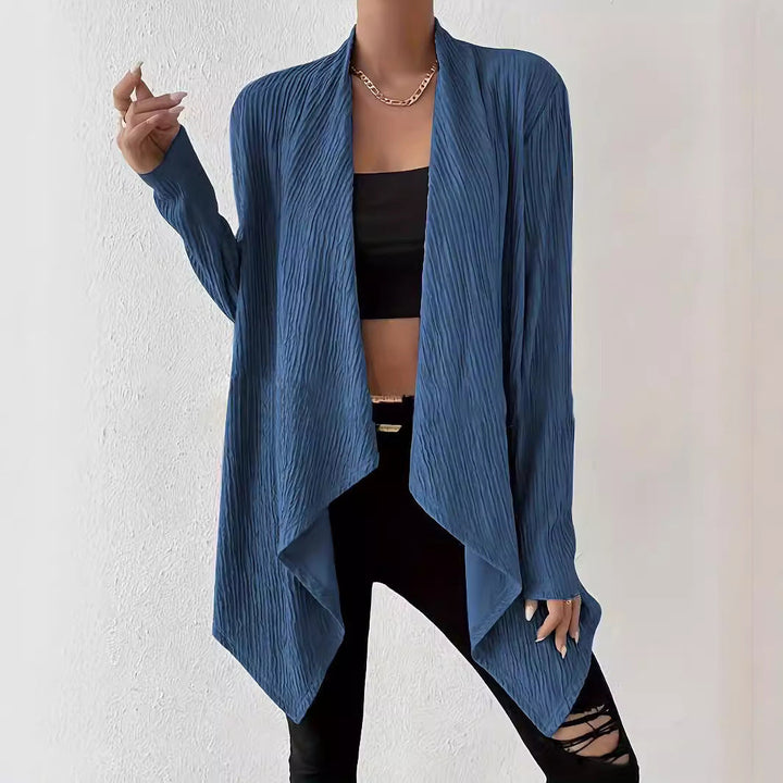 Women's Open Crinkle Cardigan with Waterfall Hem and Longline Silhouette