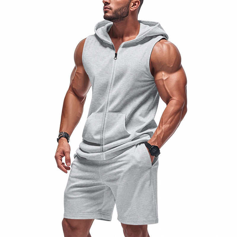 Men's Sporty Hoodie Set with Sleeveless Sweatshirt, Full Zip, and Training Shorts