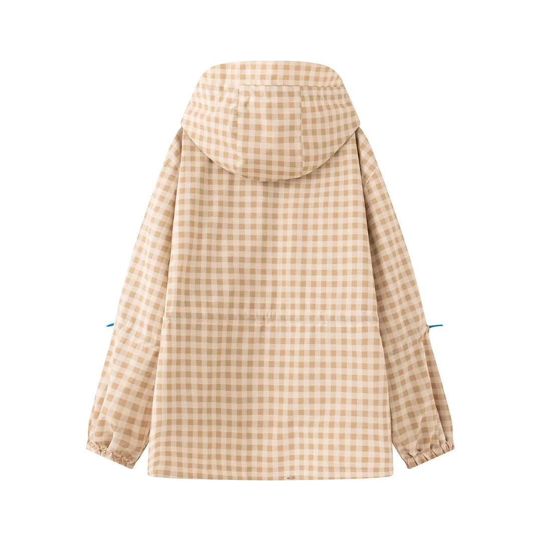 Women's Checkered Rain Parka with Hood, Drawstring Waist and Diagonal Zippered Pockets