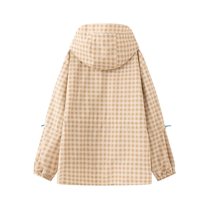Women's Checkered Rain Parka with Hood, Drawstring Waist and Diagonal Zippered Pockets