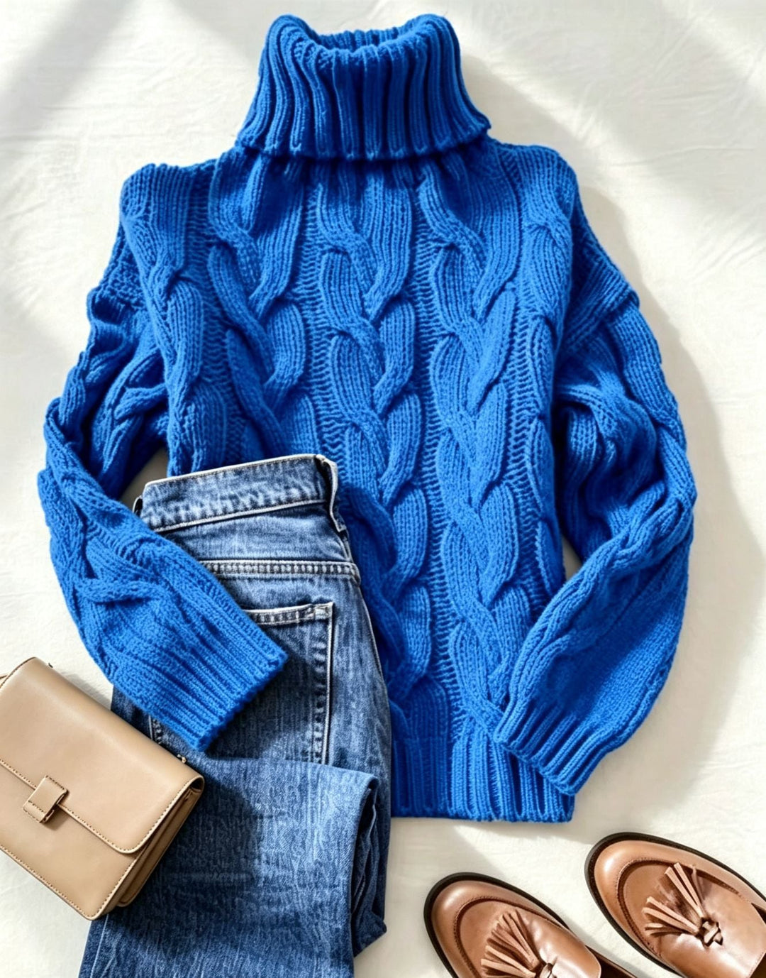Women's Chunky Knit Turtleneck Sweater with Distinctive Cable Patterns and Ribbed Cuffs