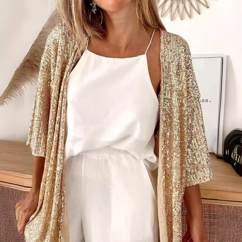 Women Glamorous Cardigan with Sequins and Loose Fit