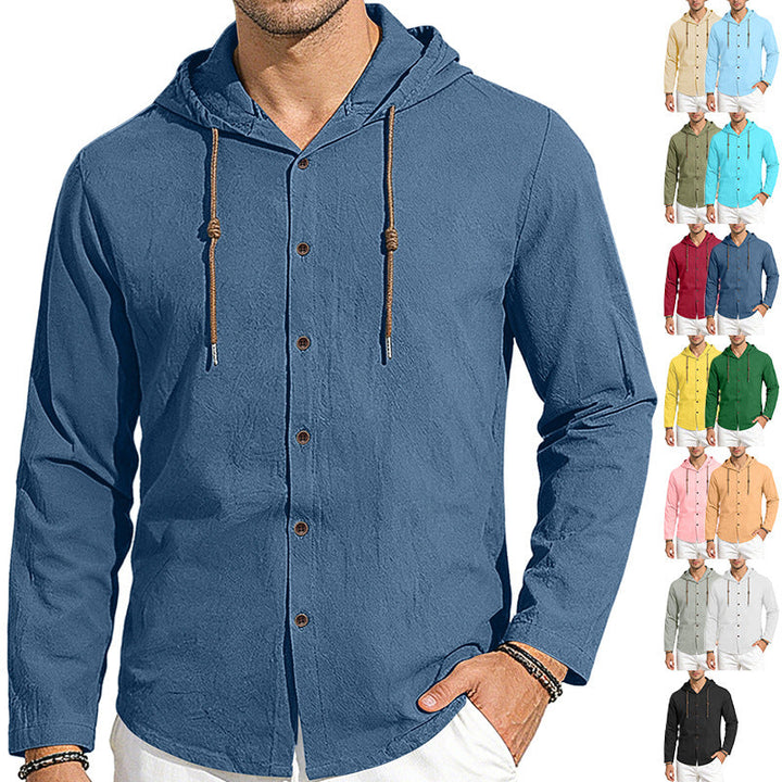 Men's Textured Linen Blend Hooded Shirt with Button Placket, Wood Buttons, and Side Slits
