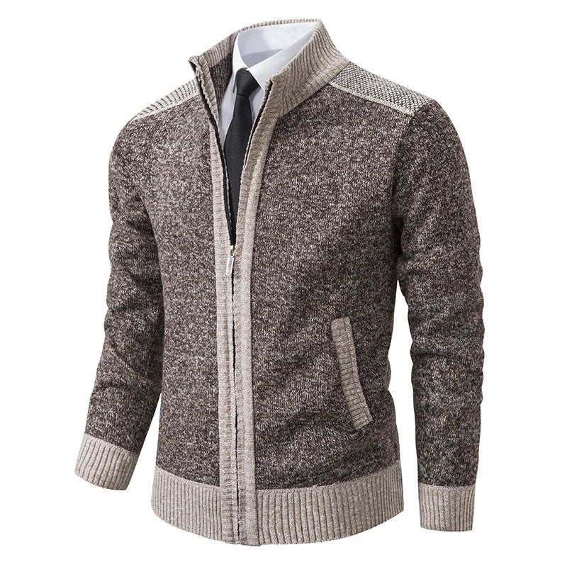 Men's Structured Knit Cardigan with Stand-up Collar and Full Zip