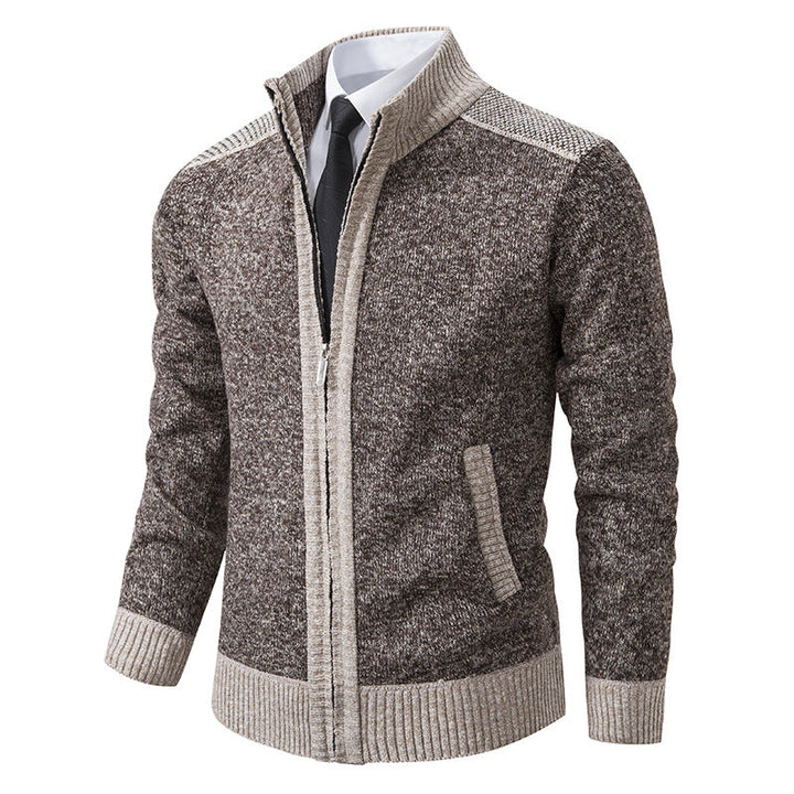 Men's Structured Knit Cardigan with Stand-up Collar and Full Zip