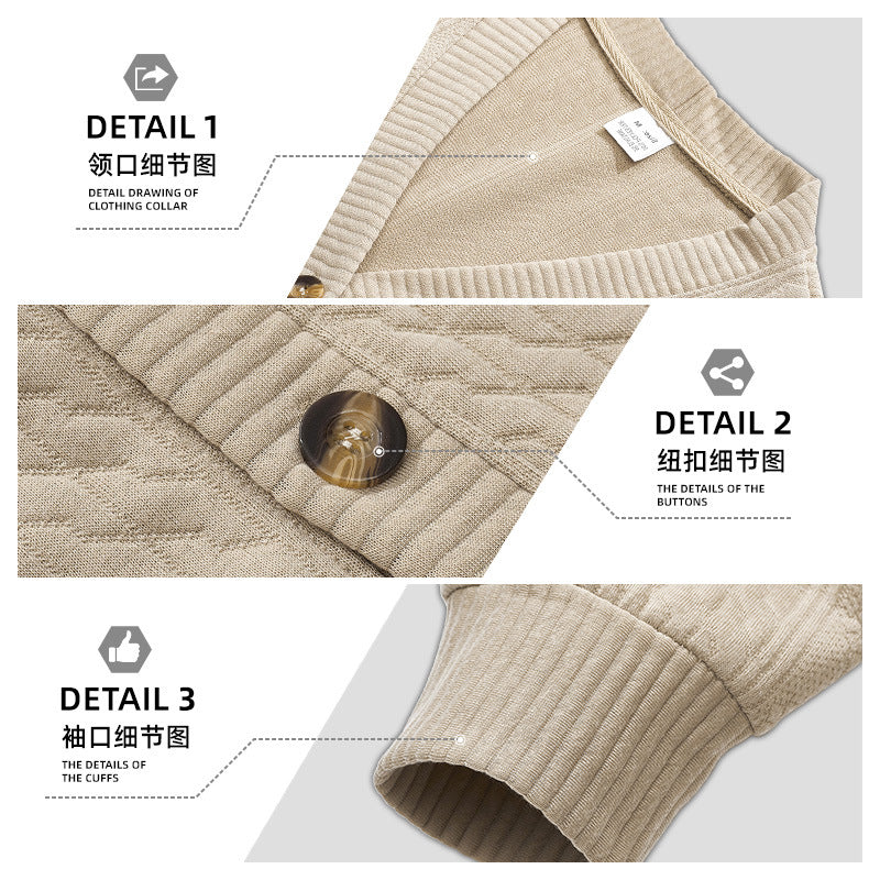 Men's Elegant Braided Knit Cardigan with V-neck Button Placket and Patch Pockets