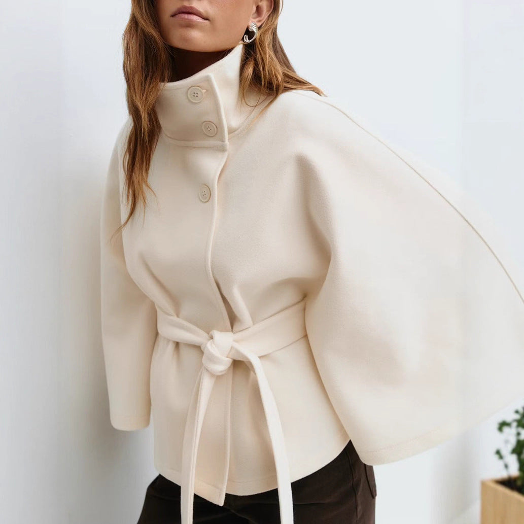 Women's Widely Cut Cape Coat with High Stand-up Collar, Button Placket, and Tie Belt