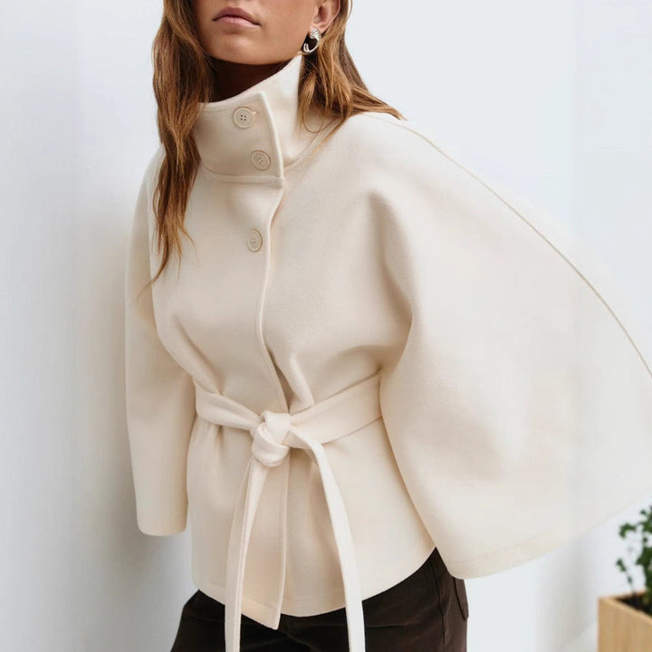 Women's Widely Cut Cape Coat with High Stand-up Collar, Button Placket, and Tie Belt
