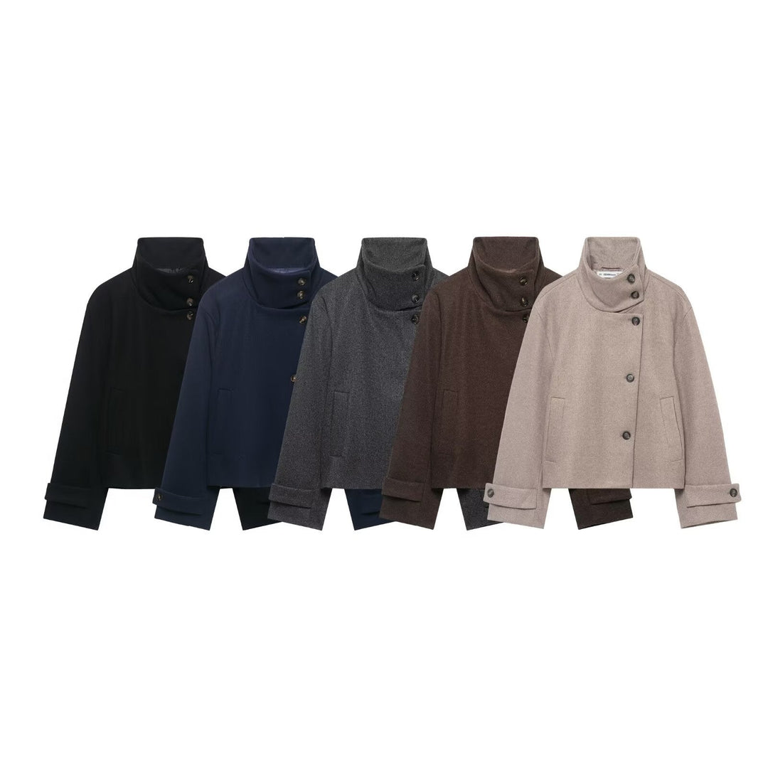 Women's Short Jacket made of Wool Blend with High Stand-up Collar