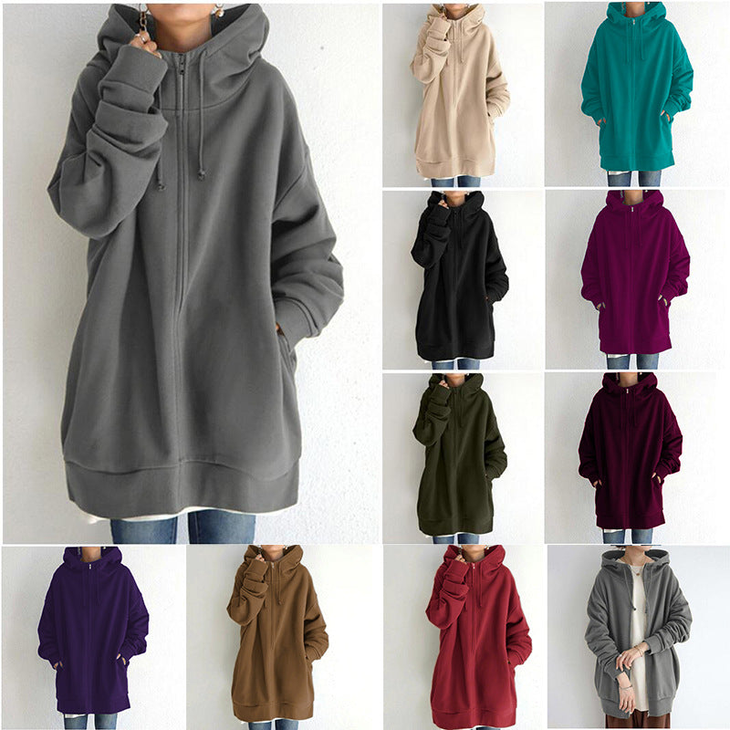 Women's Oversized Hooded Long Pullover with Zipper and Side Pockets