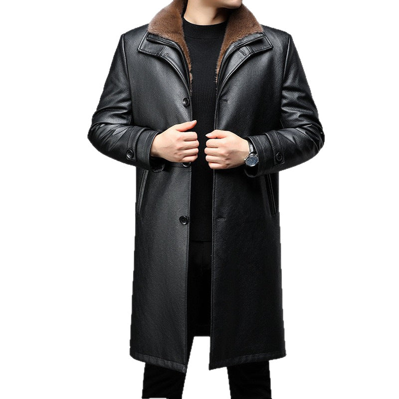 Men's Long Leather Coat with Removable Fur Collar and Thermal Lining