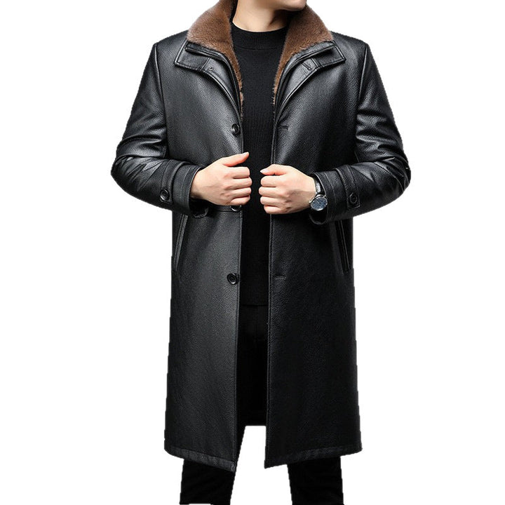 Men's Long Leather Coat with Removable Fur Collar and Thermal Lining