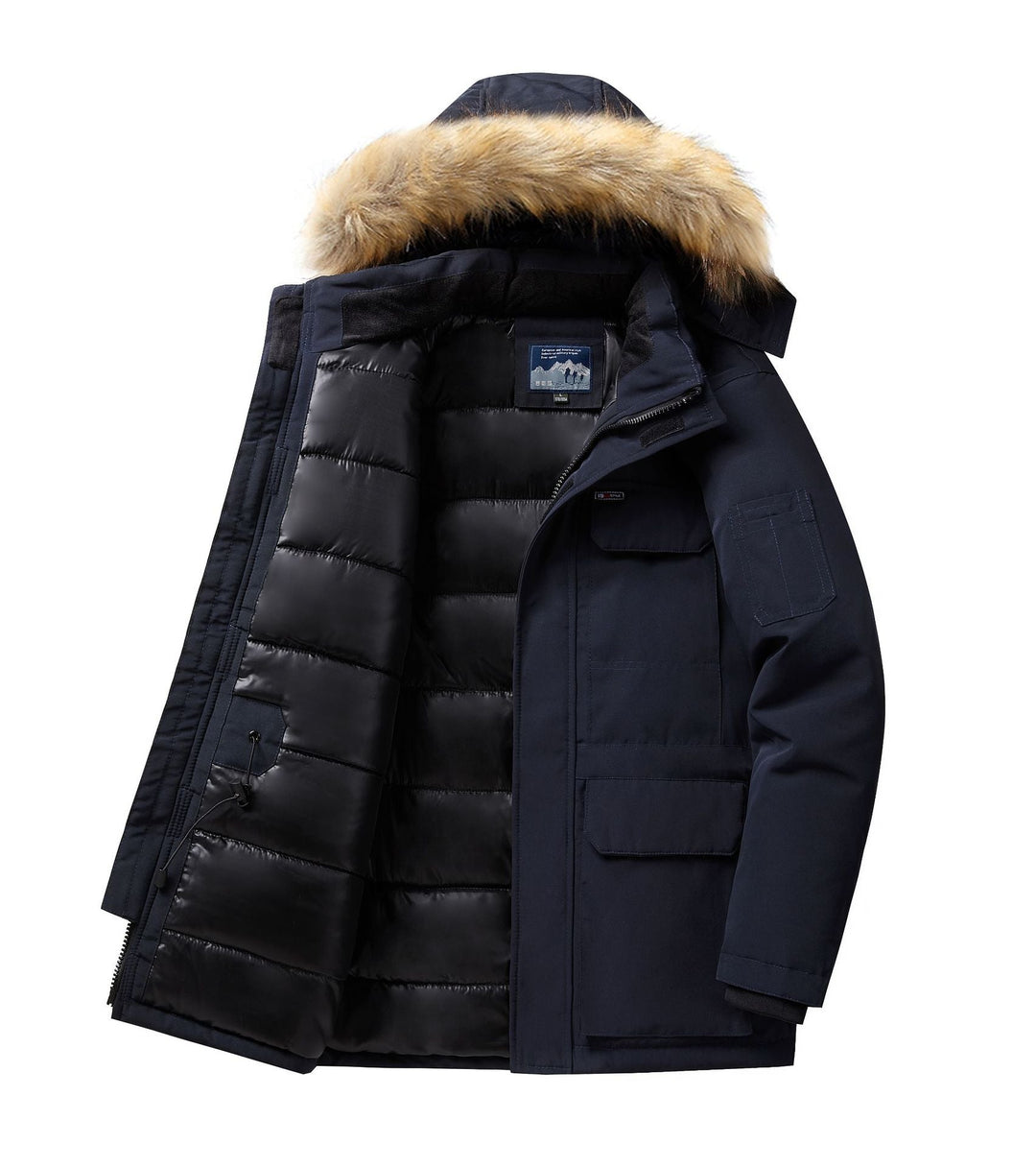 Men's Thermal Parka with Removable Faux Fur Hood, Windproof and Water-repellent