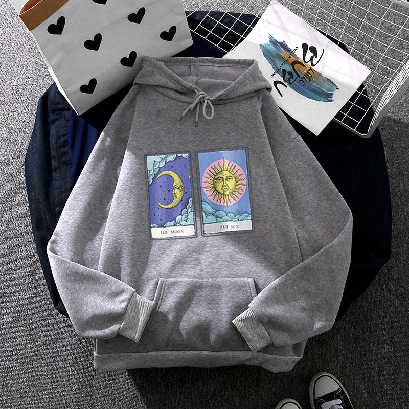 Women Light Oversized Hoodie with Heart EKG Motif, Long Cords and Elastic Cuff