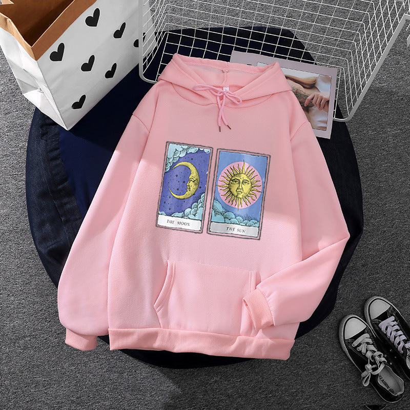 Women Light Oversized Hoodie with Heart EKG Motif, Long Cords and Elastic Cuff