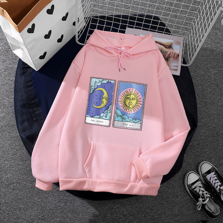 Women Light Oversized Hoodie with Heart EKG Motif, Long Cords and Elastic Cuff
