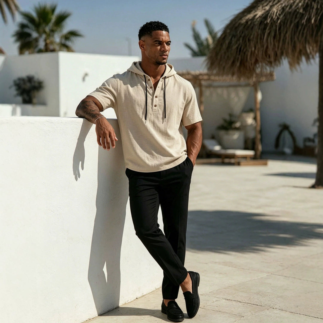 Men's Short Sleeve Hoodie Henley in Linen Look with Button Placket
