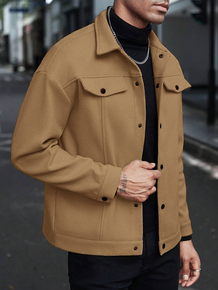 Men's Shirt Jacket made of Wool Blend with Snap Buttons and Flap Pockets