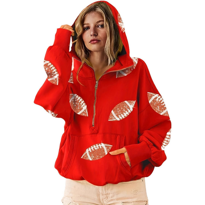 Women's Oversized Hoodie with Half Zipper and Sequin Football Application