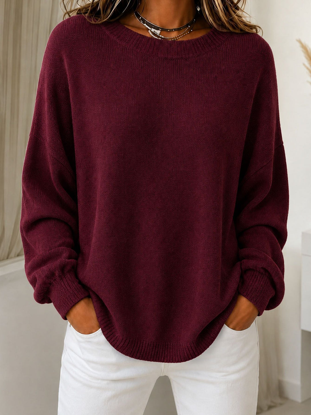 Women Light Cashmere-Touch Sweater with Round Neck, Dropped Shoulder and Ribbed Cuffs