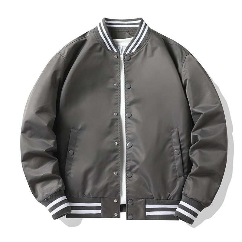 Men's Retro-striped Collar Varsity Snap-front Satin-effect Bomber Jacket