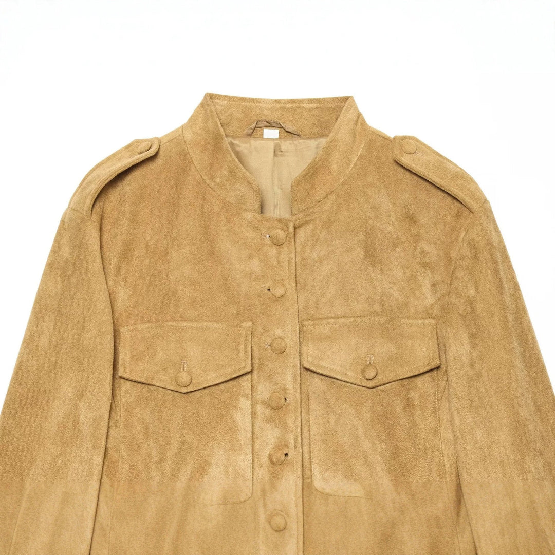 Women's Suede Jacket in Military Style with Stand-up Collar