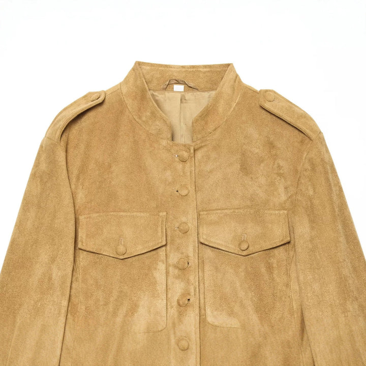 Women's Suede Jacket in Military Style with Stand-up Collar