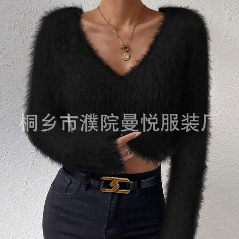 Women's Fluffy Crop Sweater with V-Neck and Eyelash Structure