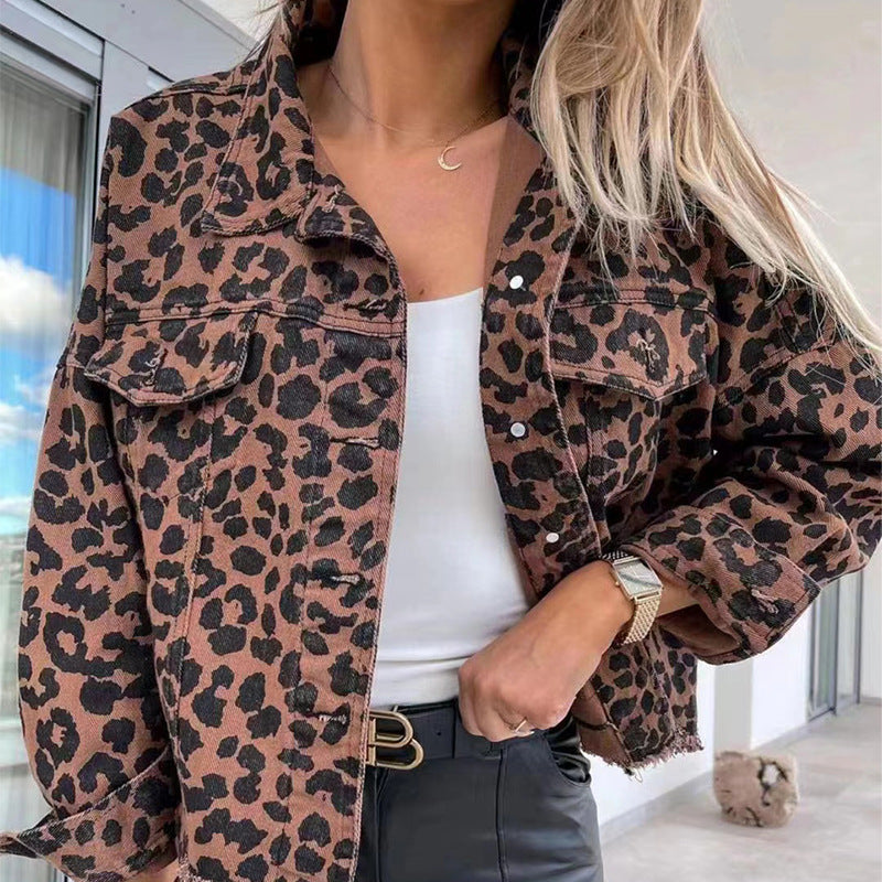 Women's Cropped Oversized Denim Jacket with Leopard Print, Patch Chest Pockets, and Raw Hem
