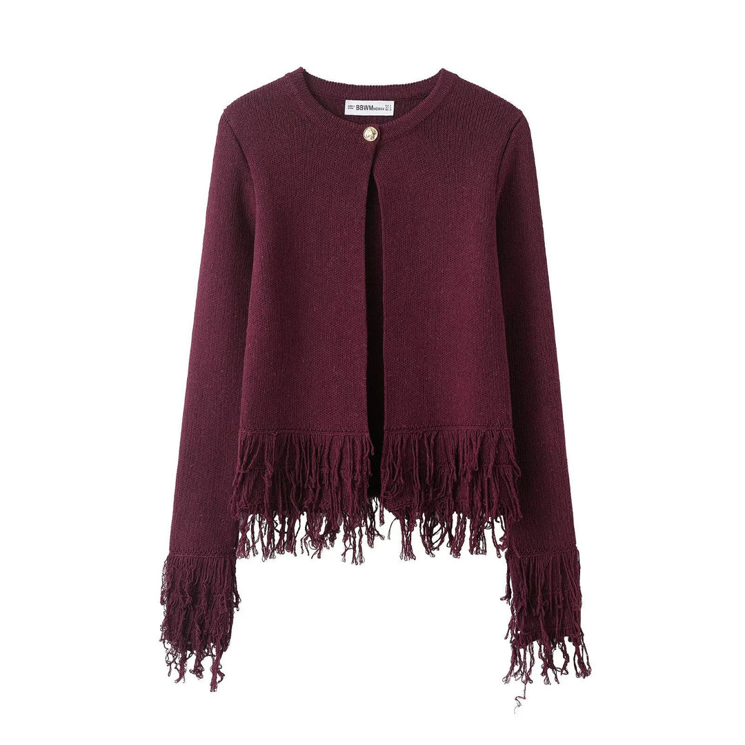 Women's Knitted Cropped Cardigan with Fringe Trim and Round Neck