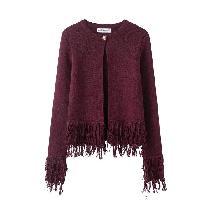 Women's Knitted Cropped Cardigan with Fringe Trim and Round Neck