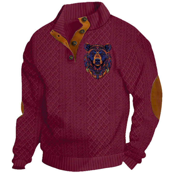 Men's Heritage Textured Pullover with Stand-up Collar Faux Leather Trim Elbow Patches and Half-button Placket