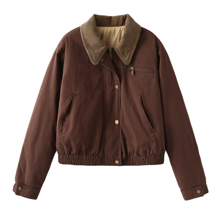 Women's Cropped Bomber Jacket with Corduroy Collar, Chest Zipper, and Elastic Drawstring Hem