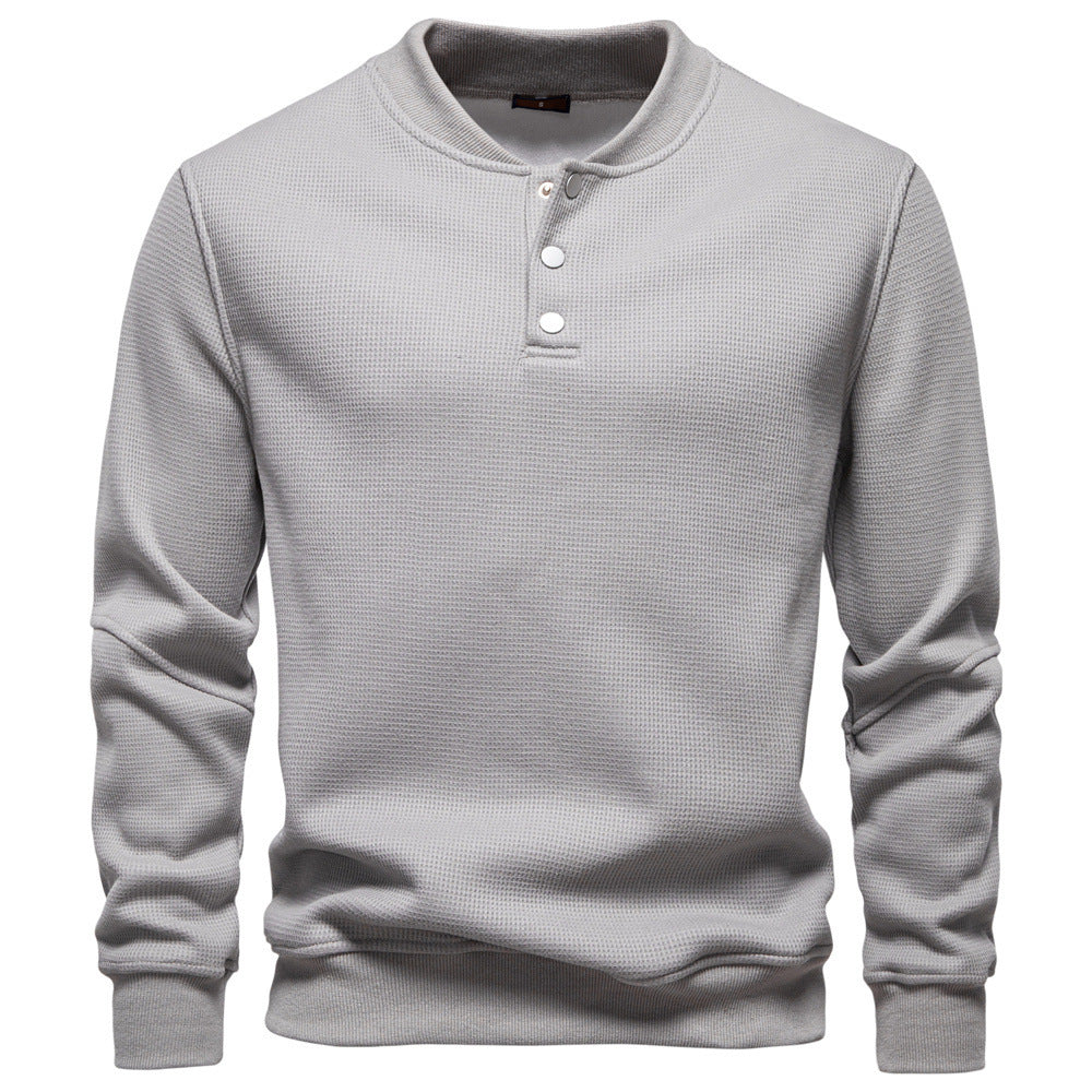 Men's Waffle Texture Henley Pullover with Short Snap Button Closure and Ribbed Cuffs