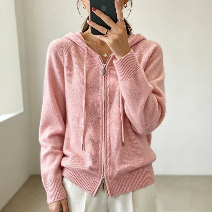 Women's Hooded Cardigan with Zipper, Fine Knit and Ribbed Cuffs