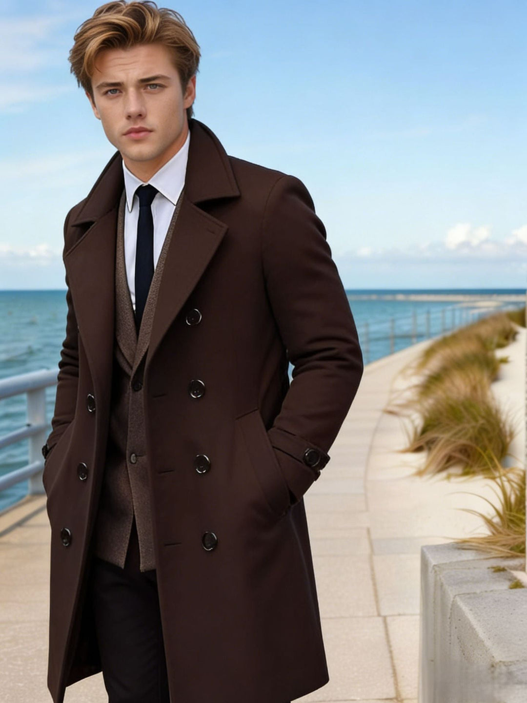 Men's Elegant Single-Breasted Long Coat made of Wool Blend with Slim Silhouette and Lapel Collar