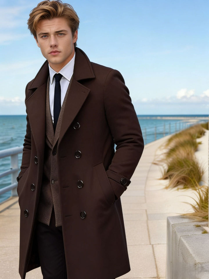 Men's Elegant Single-Breasted Long Coat made of Wool Blend with Slim Silhouette and Lapel Collar