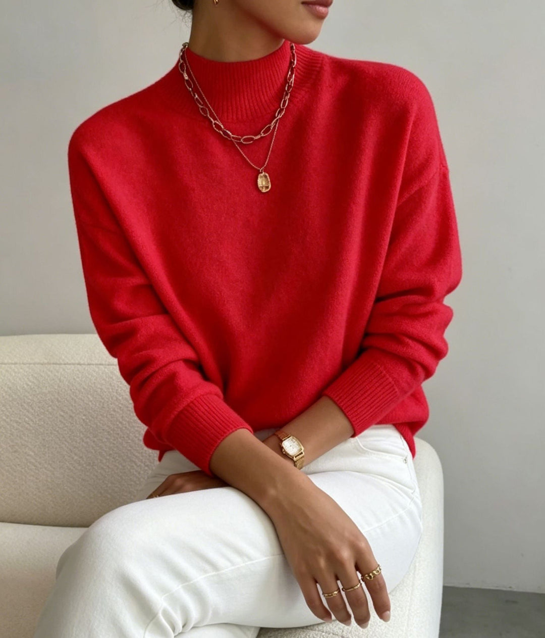 Women's Cozy Fine-knit Pullover with Stand-up Collar and Drop Shoulder