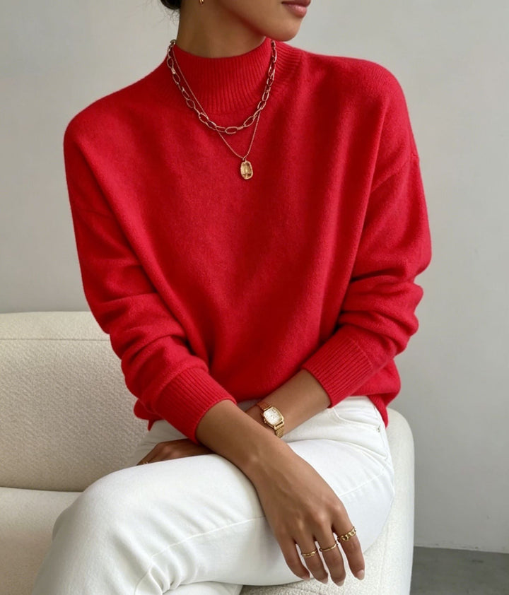 Women's Cozy Fine-knit Pullover with Stand-up Collar and Drop Shoulder