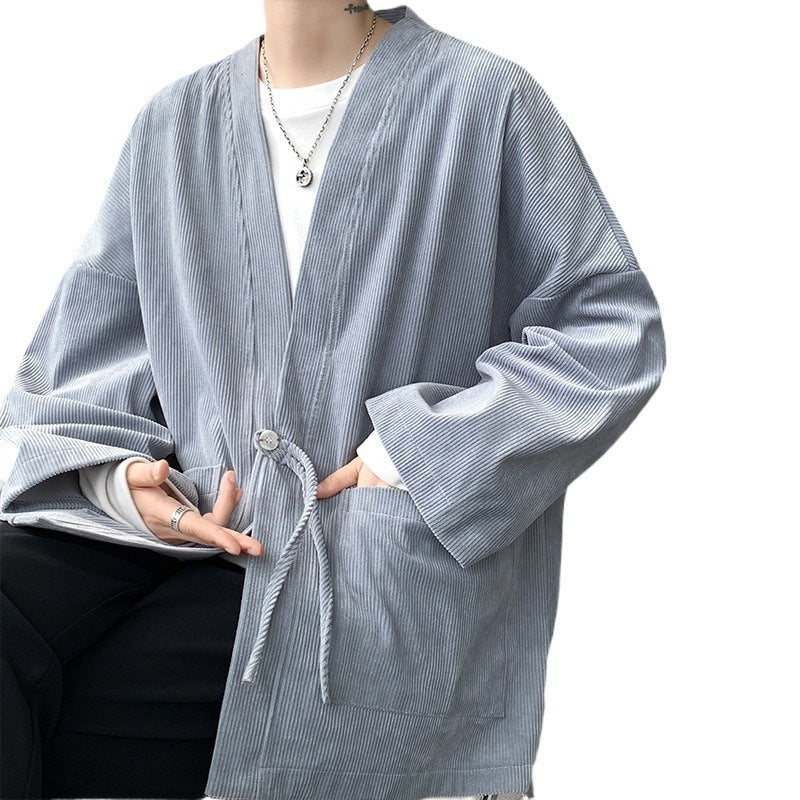 Men's Oversized Cord Kimono Cardigan with Drawstring, Patch Pockets and Drop Sleeves