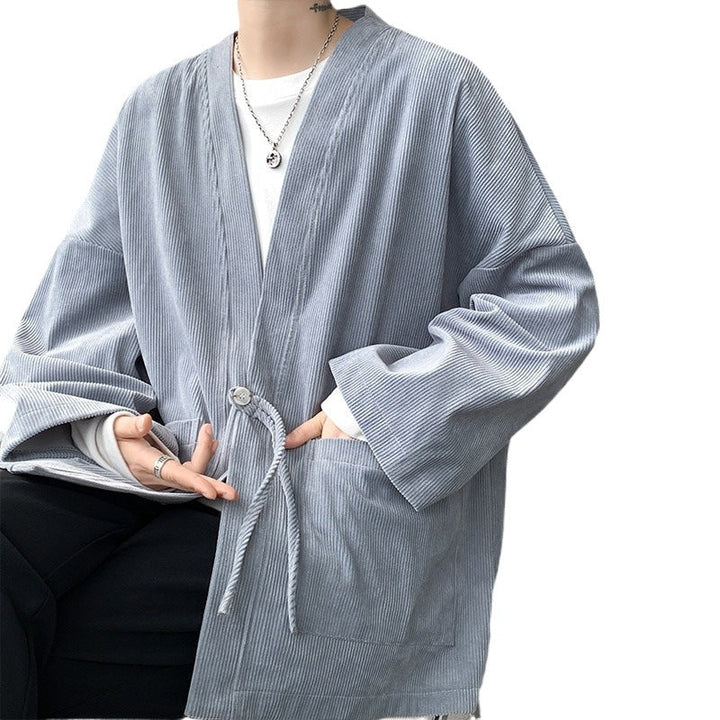 Men's Oversized Cord Kimono Cardigan with Drawstring, Patch Pockets and Drop Sleeves